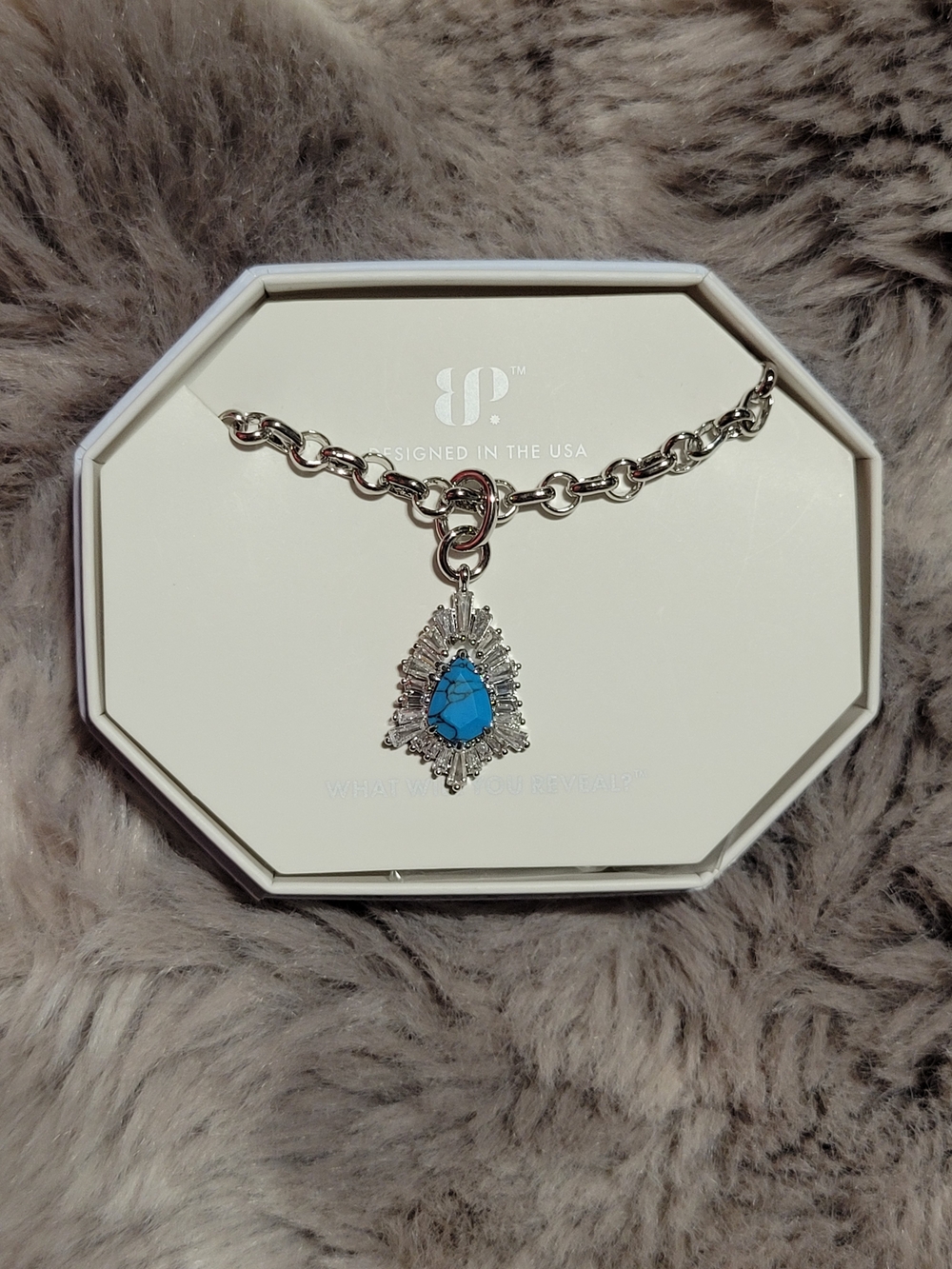 Silver Chain Necklace with Blue Teardrop Pendant